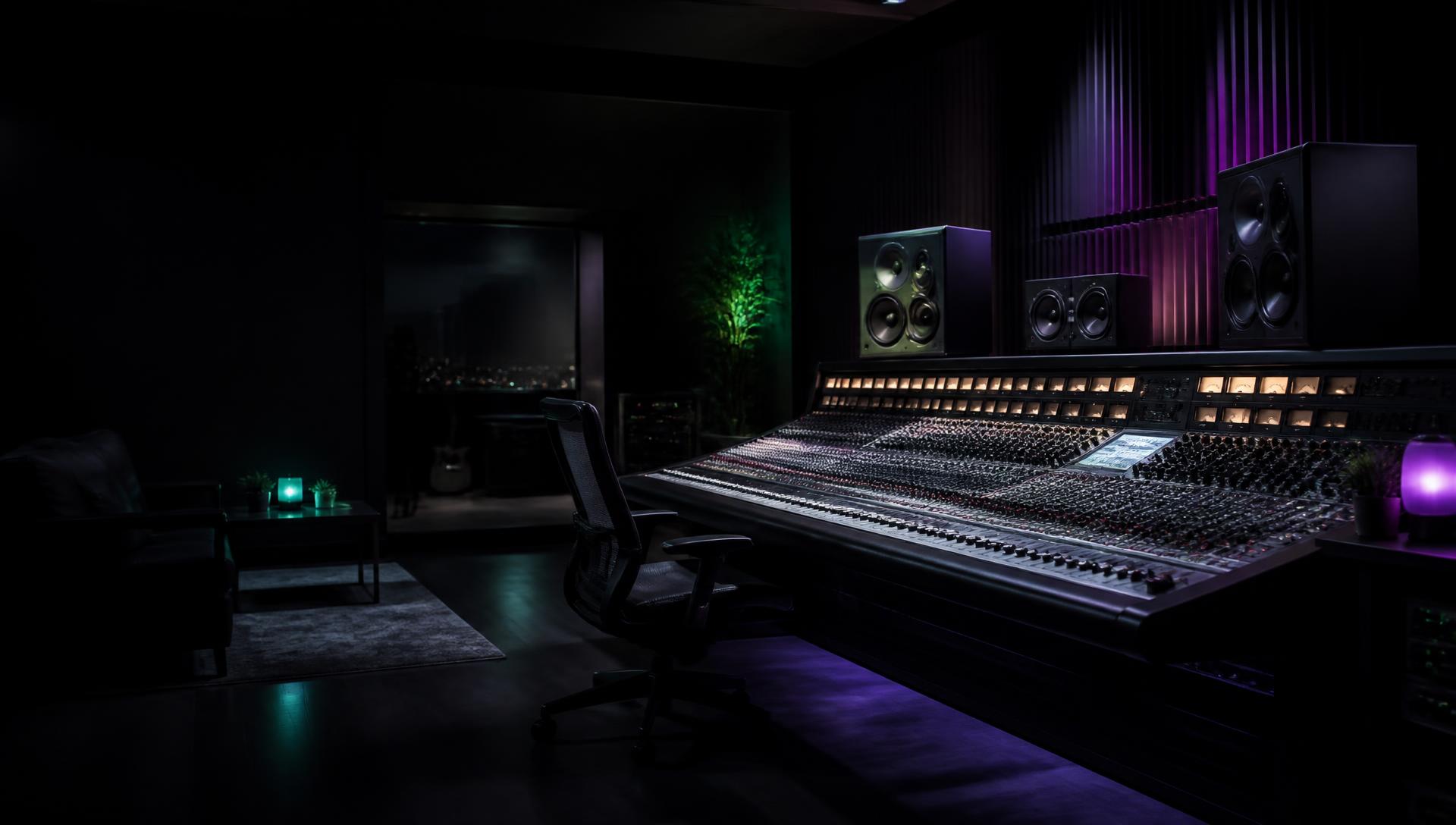 A professional mastering studio with mixing console and monitor speakers
